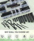 Black Stainless Steel Cotter Pin Kit With 100 Pieces in clear box showing split pins, R clips, and clevis pins.