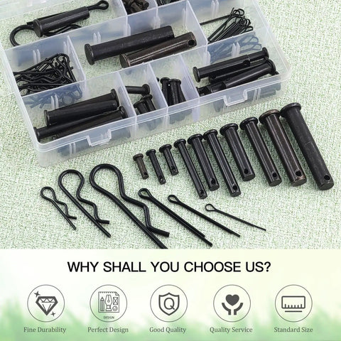 Black Stainless Steel Cotter Pin Kit With 100 Pieces in clear box showing split pins, R clips, and clevis pins.
