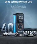 L4 Tire Inflator Portable Air Compressor 150 PSI On The Go With Pressure Gauge And LED Light Quick Inflation For Cars Motorcycles Bikes Tires And Balls, showcasing 40 mins battery life and digital display.