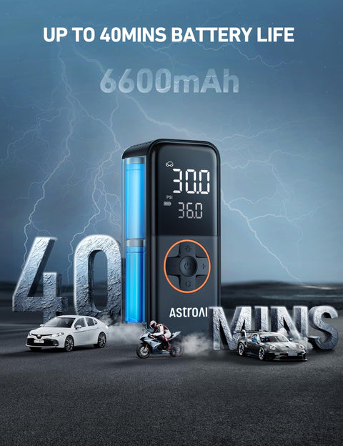 L4 Tire Inflator Portable Air Compressor 150 PSI On The Go With Pressure Gauge And LED Light Quick Inflation For Cars Motorcycles Bikes Tires And Balls, showcasing 40 mins battery life and digital display.