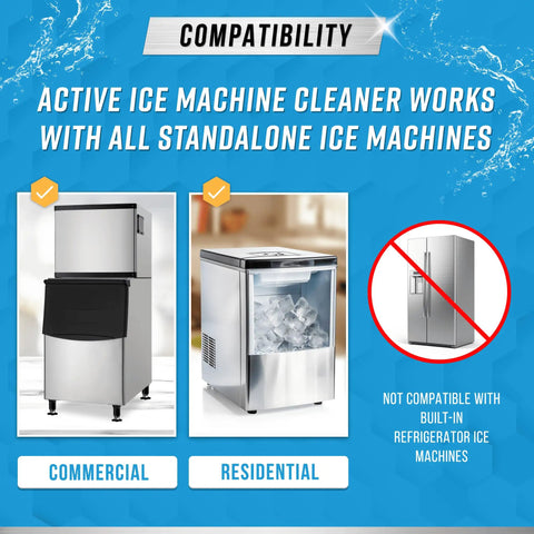 Ice Machine Cleaner Descaler 32 Fl Oz Nickel Safe No Fuss Solution For All Ice Makers And Machines Including Countertop Portable Built In And Commercial Units Eight Uses Per Bottle USA Made compatibility graphic