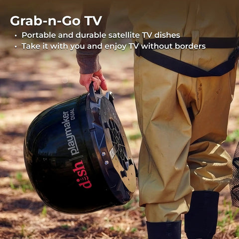Person carrying Dish Playmaker Dual With Receiver Self Pointing Satellite Antenna For RVs And Outdoors Auto Satellite Acquisition