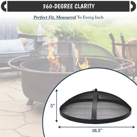 Round Fire Pit Spark Screen Compatible With Bonfire Size Pits Carbon Steel Mesh Cover With Easy Lift Hook shown on outdoor pit