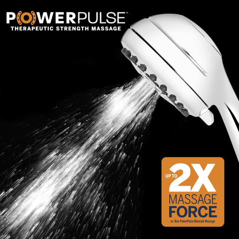 High Pressure Handheld Shower Head With PowerPulse Massage 7 Settings Chrome Finish 1.8 GPM Flow spraying water
