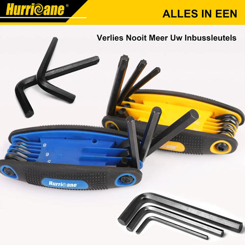 Foldable 25 Piece Hex Key Set With SAE Metric Torx 270 Degree Swivel For DIY, blue and yellow handles with hex keys extended