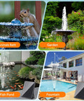25W Solar Fountain Pump For Ponds With Filtration And Dry Run Protection displaying various outdoor water features.