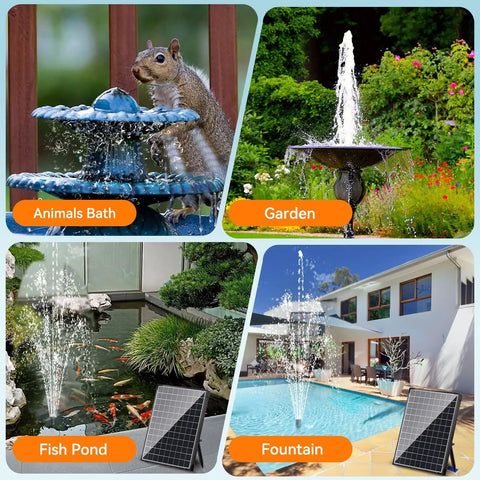 25W Solar Fountain Pump For Ponds With Filtration And Dry Run Protection displaying various outdoor water features.