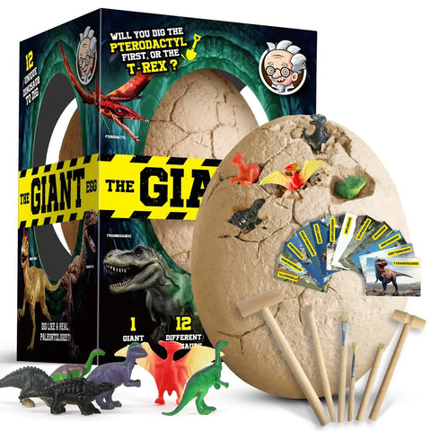 Jumbo Dino Egg Dig Kit With 12 Surprising Dino Toys Hands On STEM Adventure For Kids Aged 5 To 7 includes tools and learning cards.