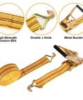 Close-up of Heavy Duty Four Pack 2 Inch Ratchet Straps With Reinforced Barrels And Double J Hooks showing metal buckle and tension belt.