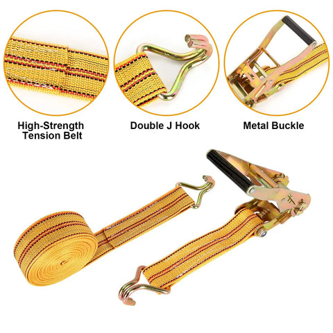 Close-up of Heavy Duty Four Pack 2 Inch Ratchet Straps With Reinforced Barrels And Double J Hooks showing metal buckle and tension belt.