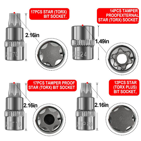 Torx Bit Socket Set And External Torx Socket Set, 64 Pieces, showcasing star, tamper-proof, and Torx Plus bit sockets in various sizes.