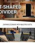 Close-up of T-shaped divider with storage containers on workshop bench, part of Connectable Overhead Garage Storage Rack With 3 Rails Set For Ceiling Mount Holds 2 Plastic Totes Space Saving Metal Ceiling Organizer System To Free Up Floor Space And Maximize Garage Storage.