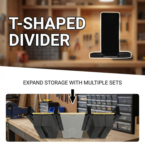 Close-up of T-shaped divider with storage containers on workshop bench, part of Connectable Overhead Garage Storage Rack With 3 Rails Set For Ceiling Mount Holds 2 Plastic Totes Space Saving Metal Ceiling Organizer System To Free Up Floor Space And Maximize Garage Storage.