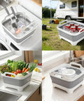 Collapsible Baby Bottle Wash Basin With Built In Drying Rack And Lid Portable 2.4 Gallon Dish Tub For Camping And Outdoor Use Foldable Sink With Space Saving Design For Kitchen And RV in various uses: washing bottles, chilling drinks, holding vegetables, and washing dishes.