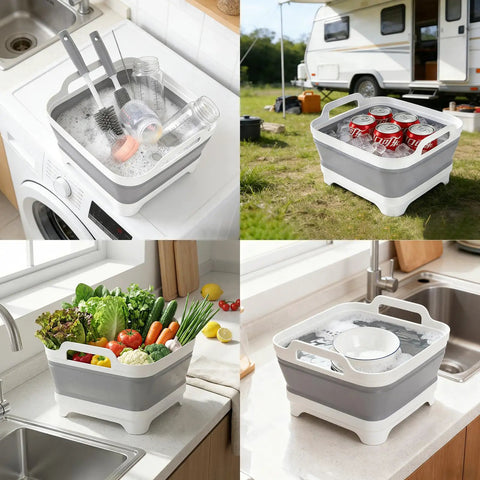 Collapsible Baby Bottle Wash Basin With Built In Drying Rack And Lid Portable 2.4 Gallon Dish Tub For Camping And Outdoor Use Foldable Sink With Space Saving Design For Kitchen And RV in various uses: washing bottles, chilling drinks, holding vegetables, and washing dishes.