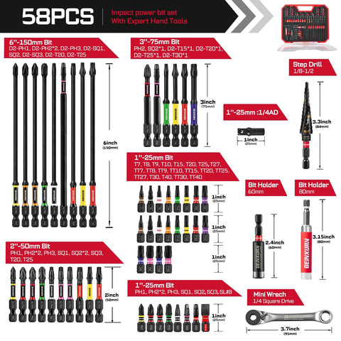Ultimate Home DIY 58 Piece Screwdriver Set With 53 Magnetic Impact Bits And Case From Geinxurn displayed in layout