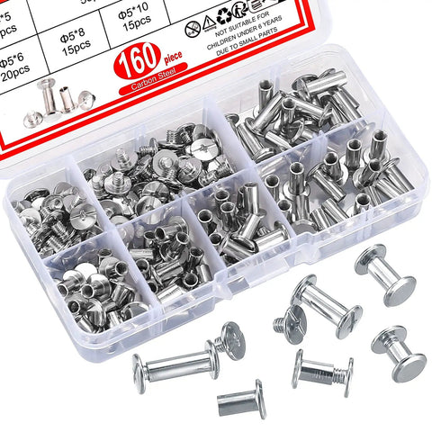 Hella Durable 160 Piece Chicago Screw And Binding Post Set Crafted For Heavy Duty Leather Projects And Photo Book Binding Featuring M4 M5 Size Compatibility With Anti Rust Nickel Finish arranged in a storage box.