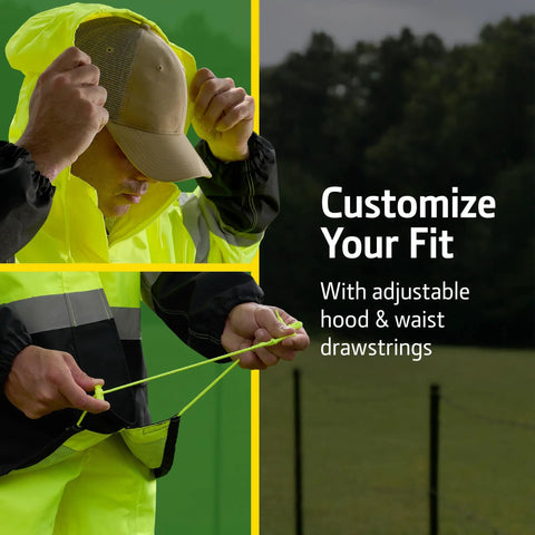 Unisex ANSI Class III High Visibility Rain Suit Jacket And Bib Set With Color Block Design adjusting hood and waist drawstrings