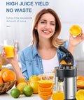Ditch the Squeeze Work! This Electric Citrus Juicer Boasts A Powerful Motor And Two Interchangeable Cones, with fresh juice and fruits.