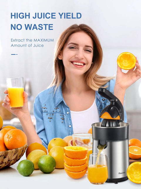 Ditch the Squeeze Work! This Electric Citrus Juicer Boasts A Powerful Motor And Two Interchangeable Cones, with fresh juice and fruits.