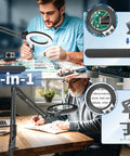 2 In 1 LED Magnifier With Light Desk Lamp Clamp Stand For Crafting And Soldering, 10x Magnification, hands free use shown