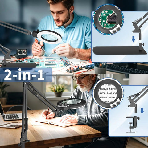 2 In 1 LED Magnifier With Light Desk Lamp Clamp Stand For Crafting And Soldering, 10x Magnification, hands free use shown