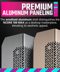 Close-up of anodized aluminum shell of NCORE 100 MAX Mini ITX PC case, highlighting premium paneling and design.