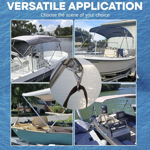 Versatile application of Adjustable Black Bimini Top Straps Set For Boats, shown securing various boat canopies.