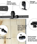 6 Foot Heavy Duty Black Top Mounted Barn Door Hardware Kit For 36 Inch Aluminum Framed Glass Door Or Wooden Barn Door With Carbon Steel Track And Nylon Wheels In Matte Black Finish Built To Last Rock Solid, showing components and installation details.