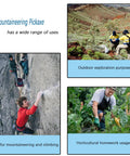 Collage showing mountaineering pickaxe used for climbing, outdoor exploration, and gardening work.