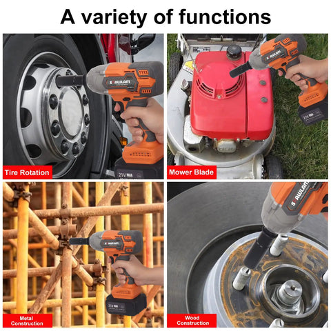 Beast Cordless 1/2-Inch Impact Wrench Kit With 21V Turbo Power in use for tire rotation, mower blade, metal and wood construction