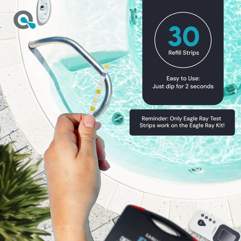 Hand using Digital Spa Water Test Kit with Digital Water Tester and 30 Hot Tub Test Strips for chlorine and pH testing.