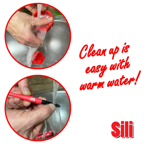 Washing Glue Pod With Three Micro Glue Brushes And Sealable Lid Set under warm water in a sink with text 'Clean up is easy with warm water!'