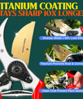 8.5 Inch Titanium Bypass Pruning Shears For Gardening With Japanese Grade High-Carbon Steel Blades, close-up with blade details.