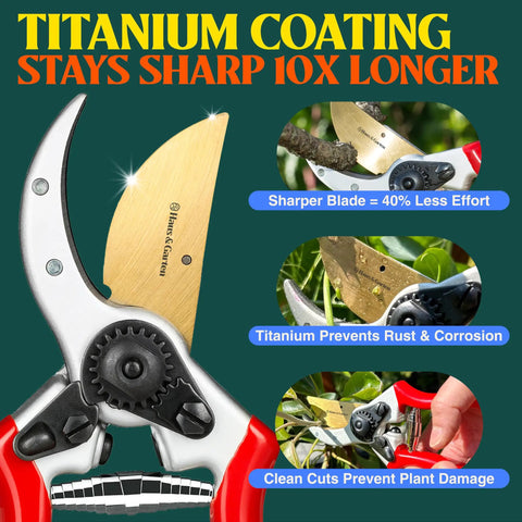 8.5 Inch Titanium Bypass Pruning Shears For Gardening With Japanese Grade High-Carbon Steel Blades, close-up with blade details.