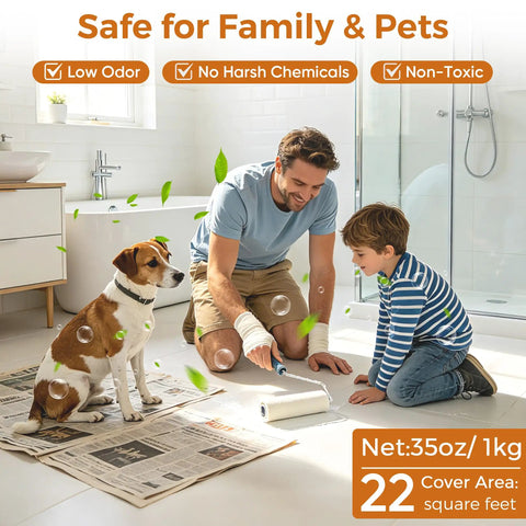 Top Shelf Clear Waterproof Sealant That Flows Straight Into Seams And Joints While Shielding Roofs Concrete Driveways And Wood Decks With Bulletproof Rainproof Coverage As It Dries Totally Spotless And Natural, 35oz kit shown in a family setting.