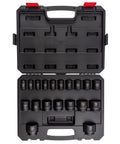 1/2 Inch Drive Impact Socket Set, 19-Piece SAE, Cr-Mo Alloy Steel, Radius Corner Design With Dual Size Markings, in Storage Case