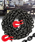 G80 Transport Binder Chain 5/16 Inch By 20 Foot With Clevis Grab Hooks Heavy Duty Tow Chain coiled near flatbed truck