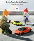 Children playing with McLaren Licensed Remote Control Car One Twelfth Scale With Lit Headlights And Fast Twelve Kilometers Per Hour Speed