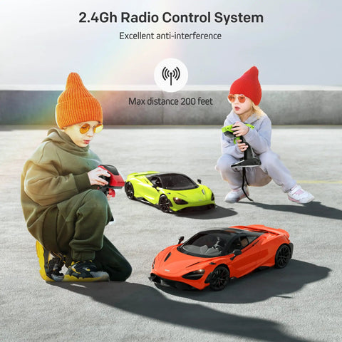 Children playing with McLaren Licensed Remote Control Car One Twelfth Scale With Lit Headlights And Fast Twelve Kilometers Per Hour Speed