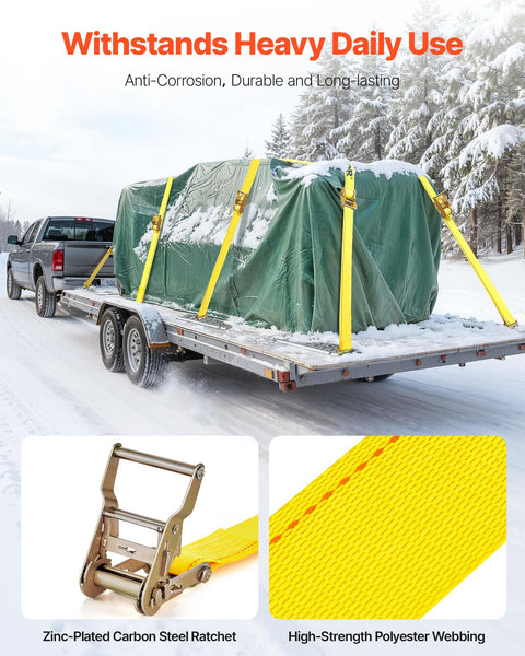 Heavy Duty 2 Inch By 15 Foot E Track Ratchet Straps Kit With 4400 Lbs Break Strength Polyester Webbing on snowy trailer