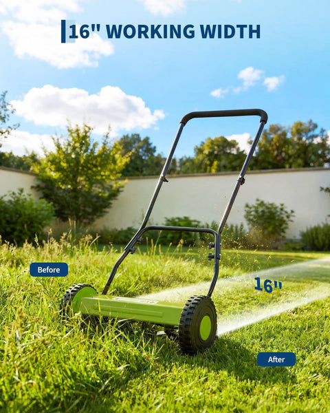Push Reel Lawn Mower 16 Inch With 5 Blade Reel For Clean Scissor Like Cuts No Fuss Adjustable Cutting Height Walk Behind Mower For Small Yards Compact Manual Grass Cutter Green Finish For Eco Friendly Yard Care, shown on tall grass