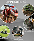 Image showing various applications for bearings: motorcycle, ATV/UTV, non-motorized, golf cart, and lawnmower.