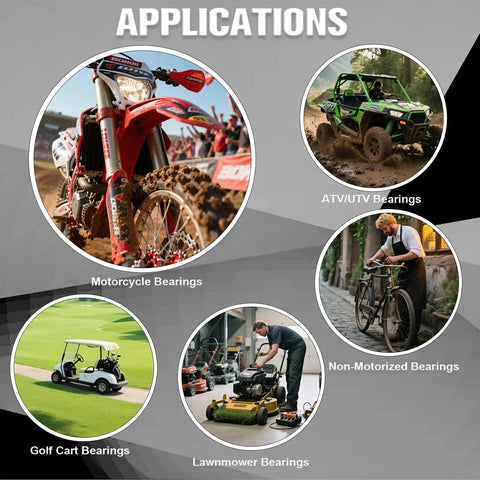 Image showing various applications for bearings: motorcycle, ATV/UTV, non-motorized, golf cart, and lawnmower.