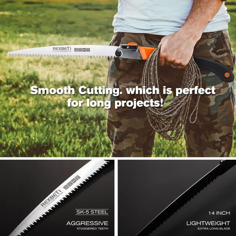 Person holding Folding Saw For Backpacking And Camping With A 14 Inch Blade Extra Long Pruning And Dry Wood Cutting SK5 Steel
