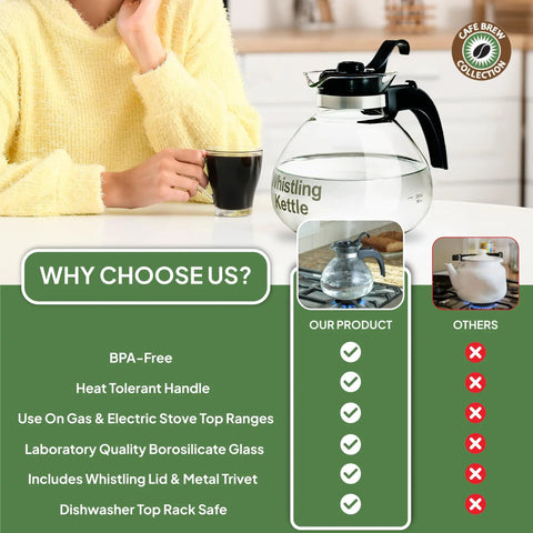 Stove Top Borosilicate Glass Whistling Tea Kettle 12 Cup 48oz BPA Free German Made See Through Boil for Gas Electric and Glass Ranges