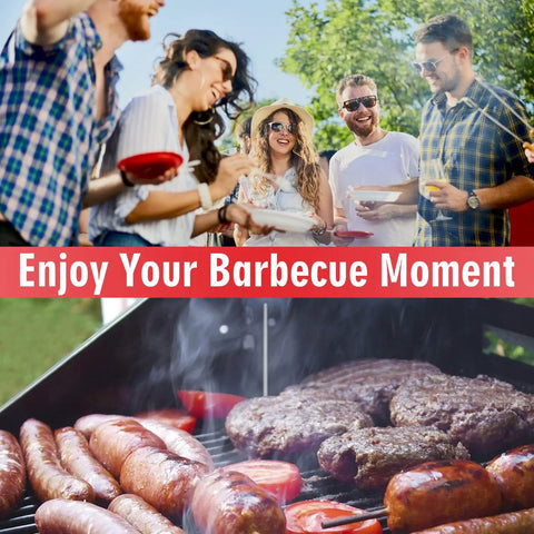 Group enjoying BBQ with RTD Temperature Probe Replacement For Pellet Grills - burgers and sausages cooking on grill.