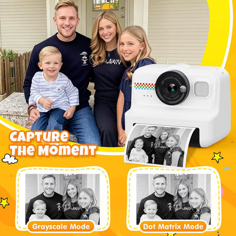Kids Instant Print Camera With 1080P HD Imaging And No Ink Thermal Printing Includes 3 Rolls Photo Paper And 32GB Memory Card, family photo print