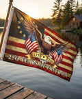 250th Anniversary American Flag 3x5 Feet Outdoor Indoor Totally Patriotic Flag Made From 100 Percent Polyester With Brass Grommets Fade Resistant Eagle Theme Flag For Home Party Porch Or Gift waving by a lakeside at sunset.