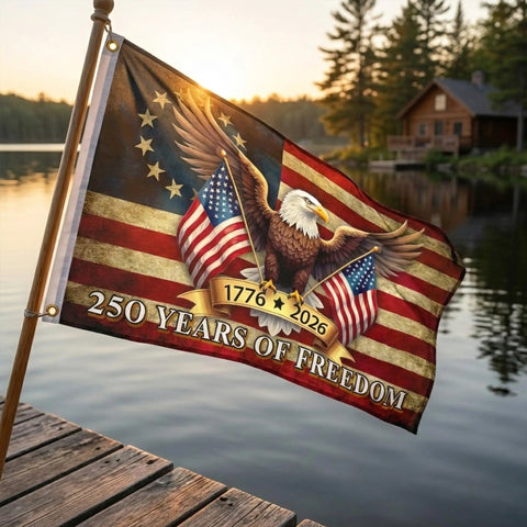 250th Anniversary American Flag 3x5 Feet Outdoor Indoor Totally Patriotic Flag Made From 100 Percent Polyester With Brass Grommets Fade Resistant Eagle Theme Flag For Home Party Porch Or Gift waving by a lakeside at sunset.